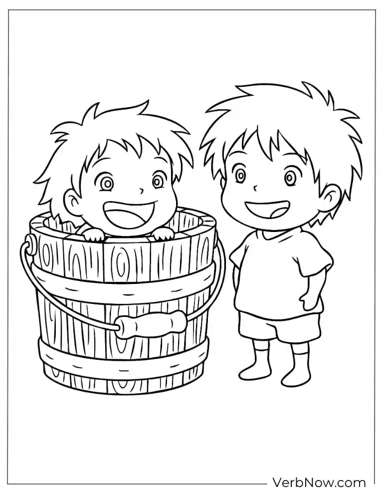 22 Free Studio Ghibli Coloring Pages (100% Printable PDF) Ponyo and Sosuke with a wooden tub