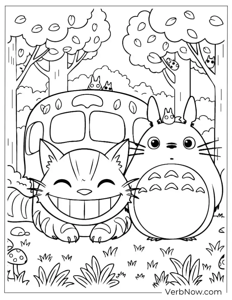 22 Free Studio Ghibli Coloring Pages (100% Printable PDF) Totoro and the Catbus in the forest