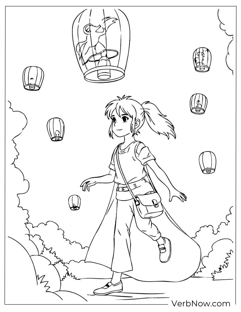 Chihiro surrounded by glowing floating lanterns