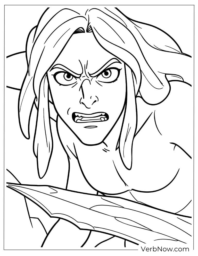 Tarzan ready to fight with a fierce expression and spear in hand
