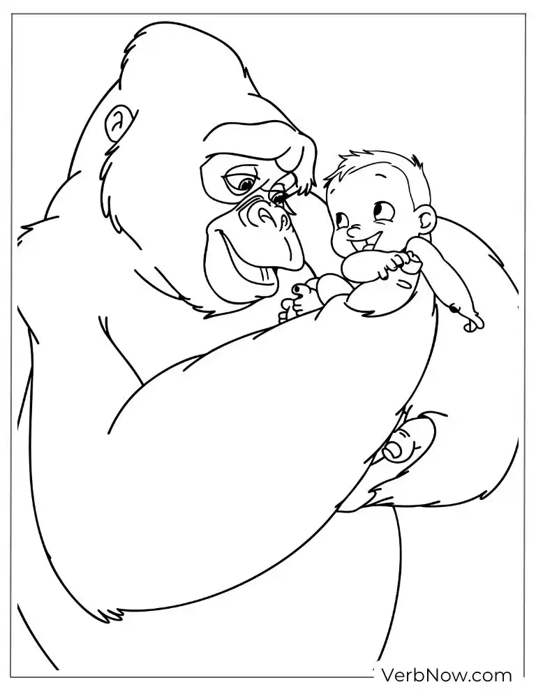 Free Tarzan Coloring Pages (100% Printable PDF) Kala the gorilla tenderly holding baby Tarzan
