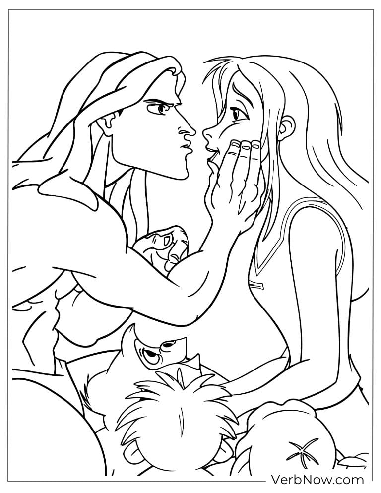 Tarzan gently touching Jane’s face in a romantic moment