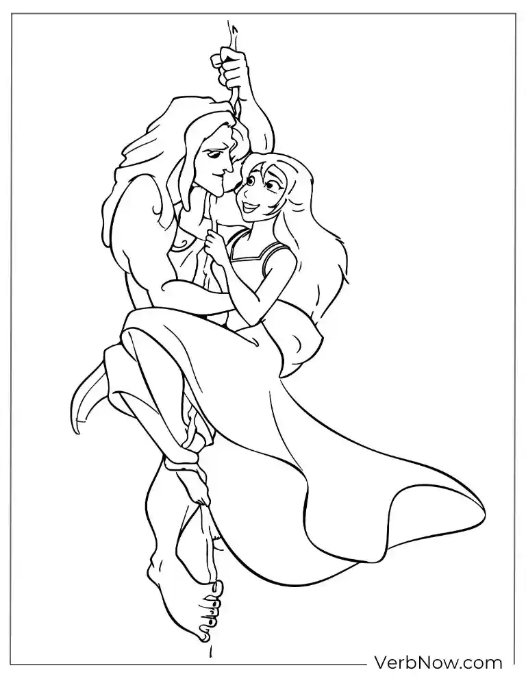 Free Tarzan Coloring Pages (100% Printable PDF) Tarzan swinging through the vines with Jane in his arms