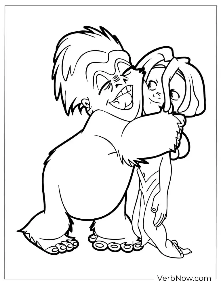 Free Tarzan Coloring Pages (100% Printable PDF) Terk giving Tarzan a big friendly hug