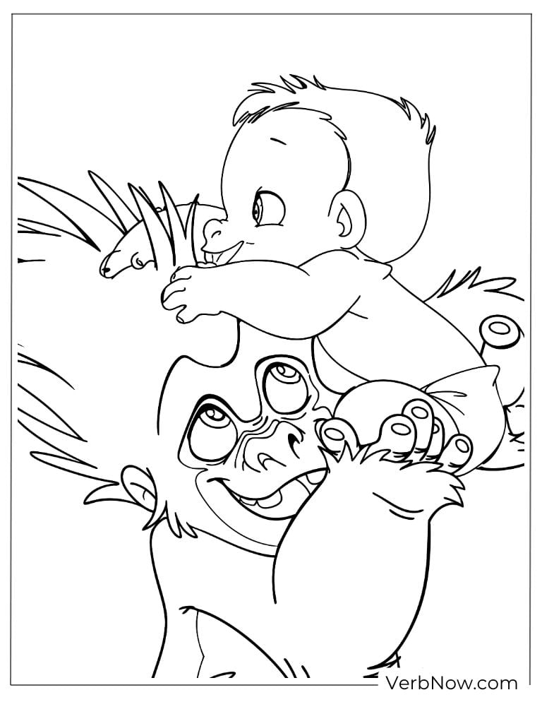 Baby Tarzan happily playing with gorillas