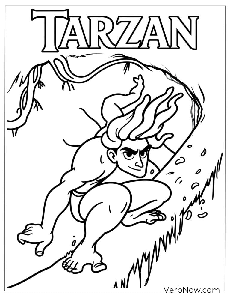 Tarzan swinging through the trees with his name above