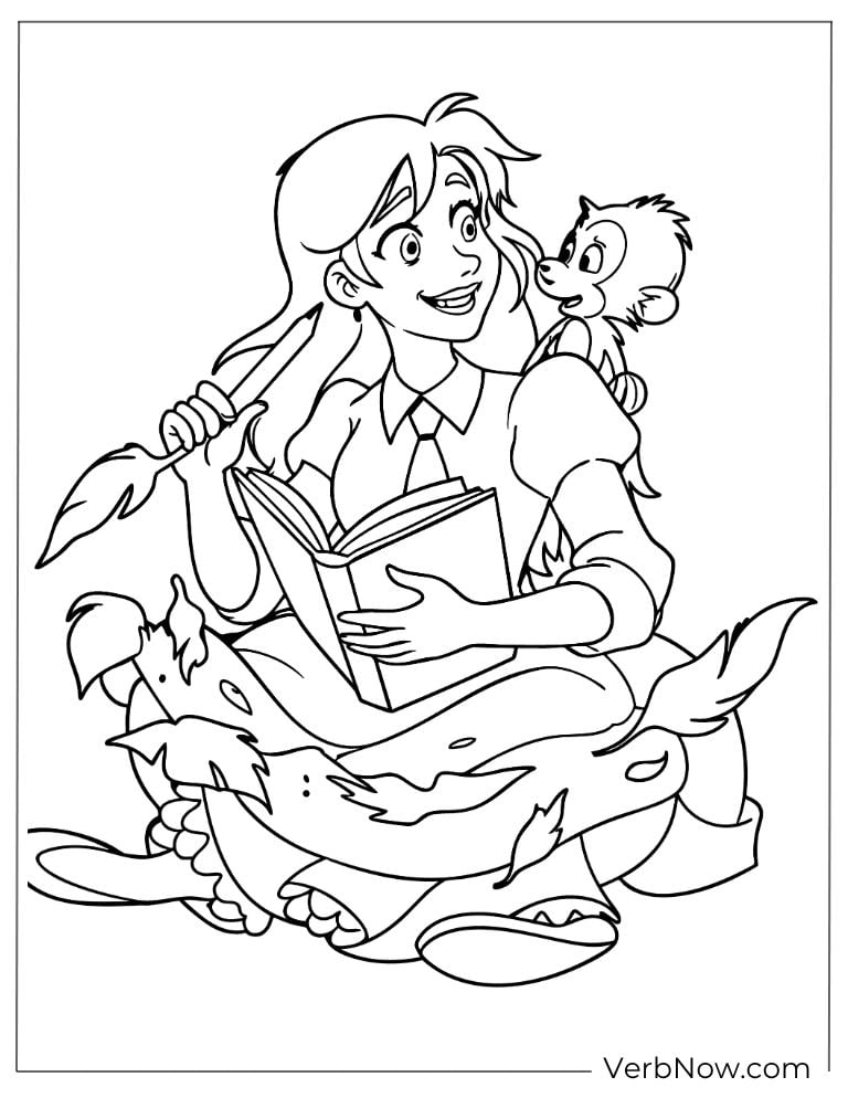 Jane reading a book with a monkey on her shoulder