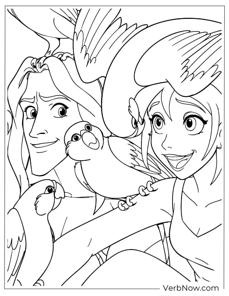 Free Tarzan Coloring Pages (100% Printable PDF) Tarzan and Jane smiling while surrounded by colorful parrots
