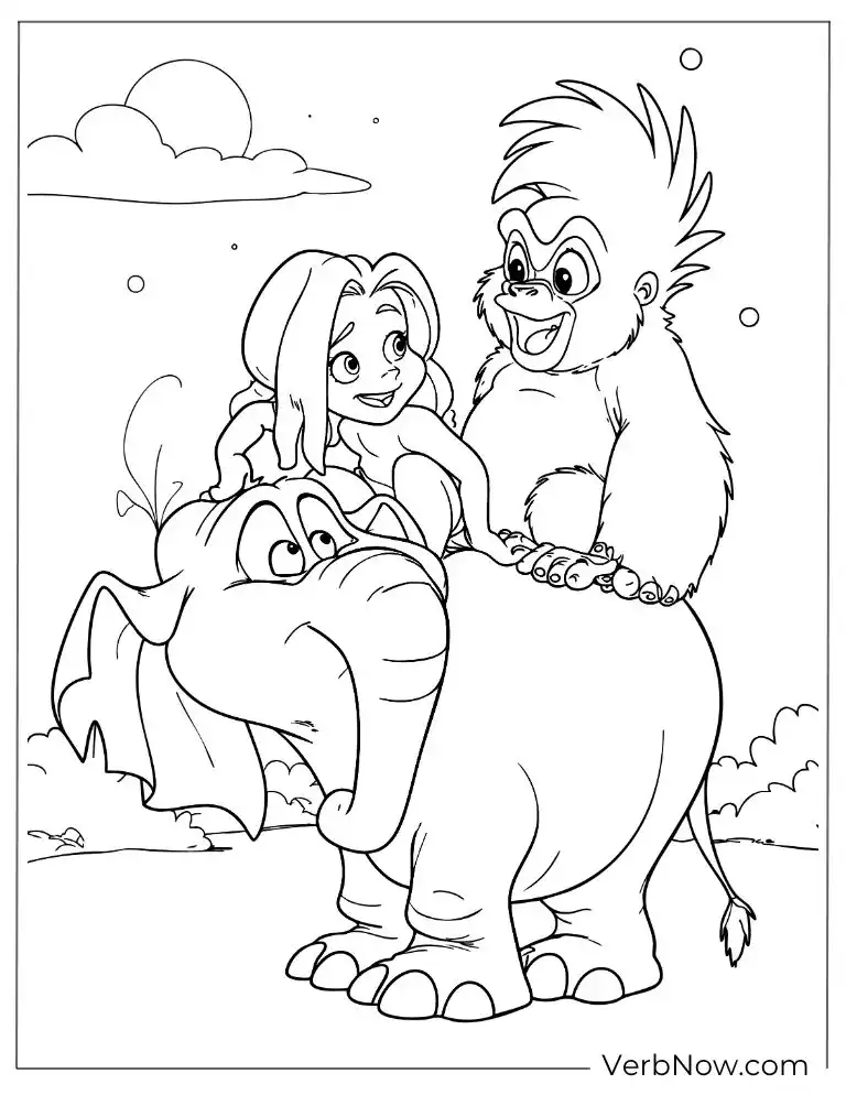Free Tarzan Coloring Pages (100% Printable PDF) Young Tarzan playing with a baby elephant and monkey