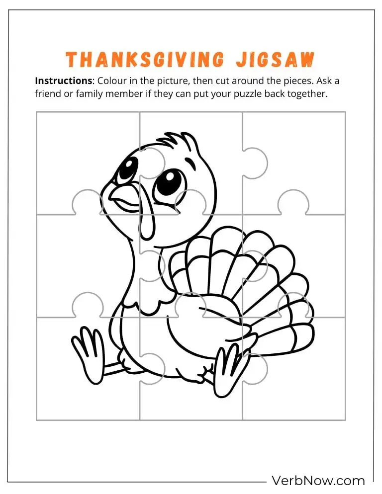 Free Thanksgiving Puzzles for Kids (100% Printable PDF) A cute turkey jigsaw puzzle ready to color and cut
