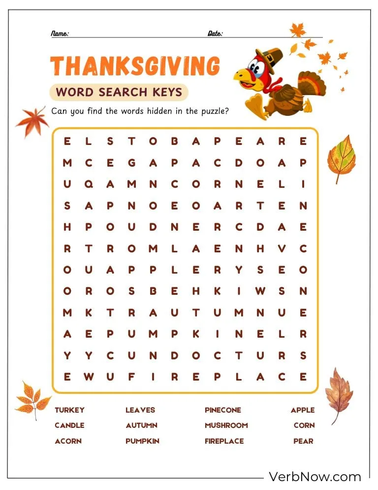 Free Thanksgiving Puzzles for Kids (100% Printable PDF) Another word search puzzle with autumn symbols