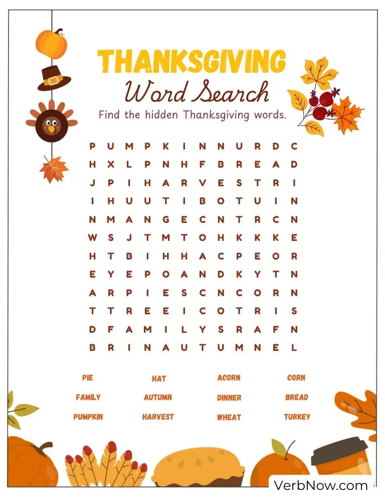Free Thanksgiving Puzzles for Kids (100% Printable PDF) Second word search answer key with highlighted solutions