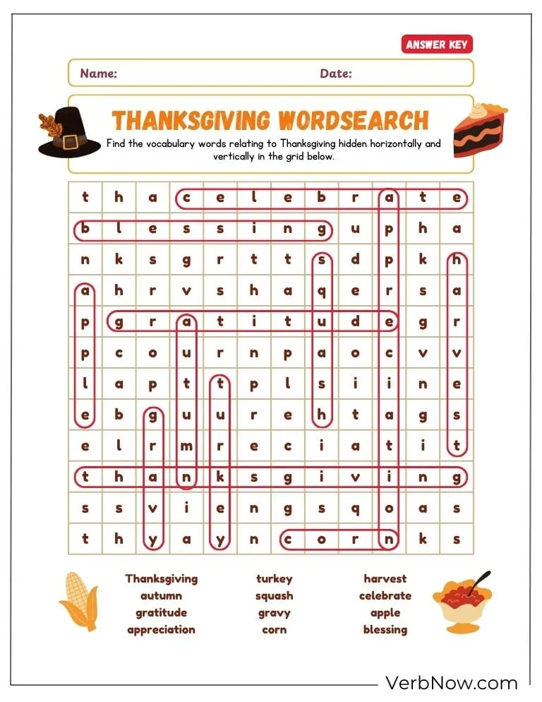 Free Thanksgiving Puzzles for Kids (100% Printable PDF) Word search puzzle with Thanksgiving words like “harvest” and “gratitude.”