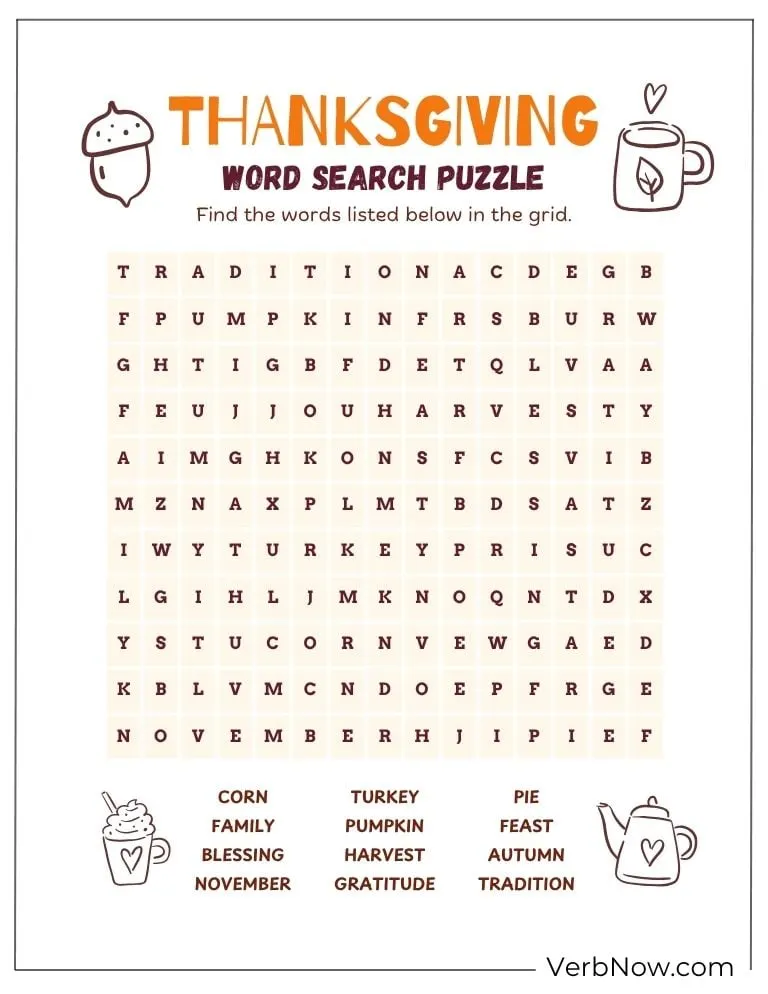 Free Thanksgiving Puzzles for Kids (100% Printable PDF) Empty version of the word search ready for players to complete