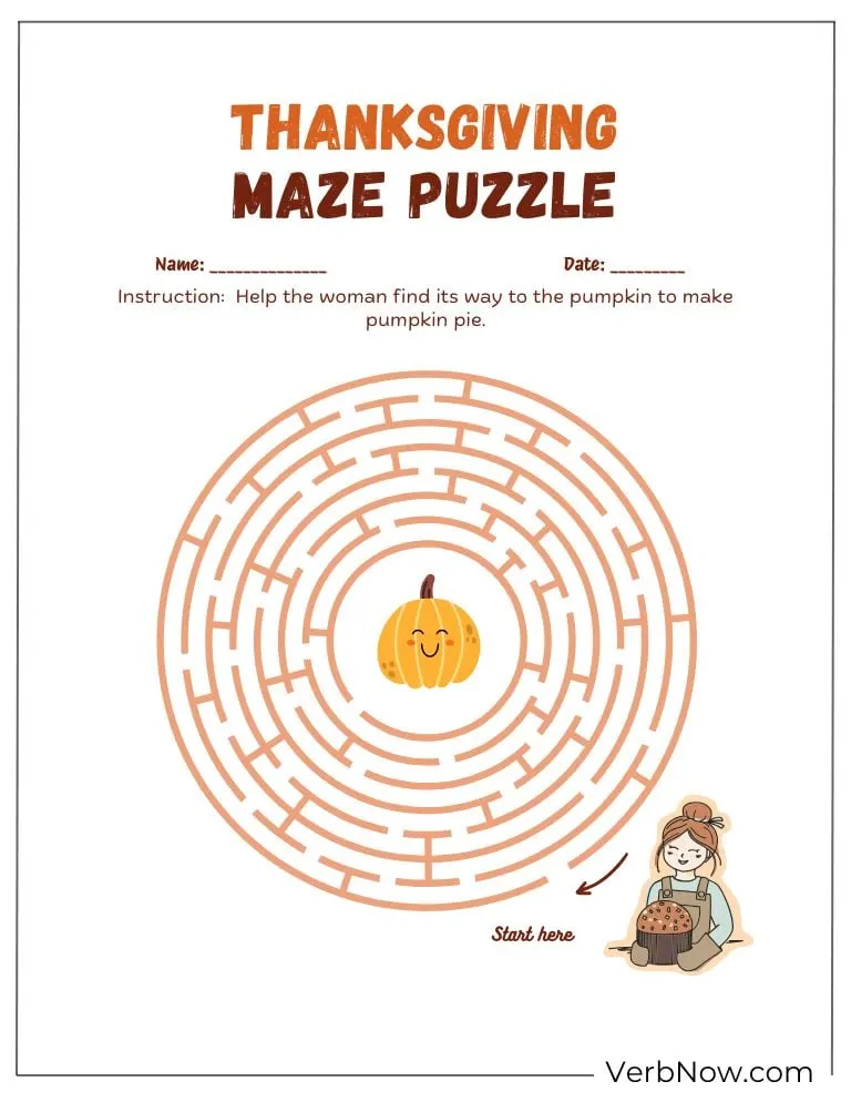 Free Thanksgiving Puzzles for Kids (100% Printable PDF) Another round maze guiding the woman to her pumpkin