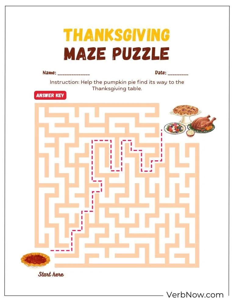 Free Thanksgiving Puzzles for Kids (100% Printable PDF) Maze puzzle — help the pumpkin find the Thanksgiving feast