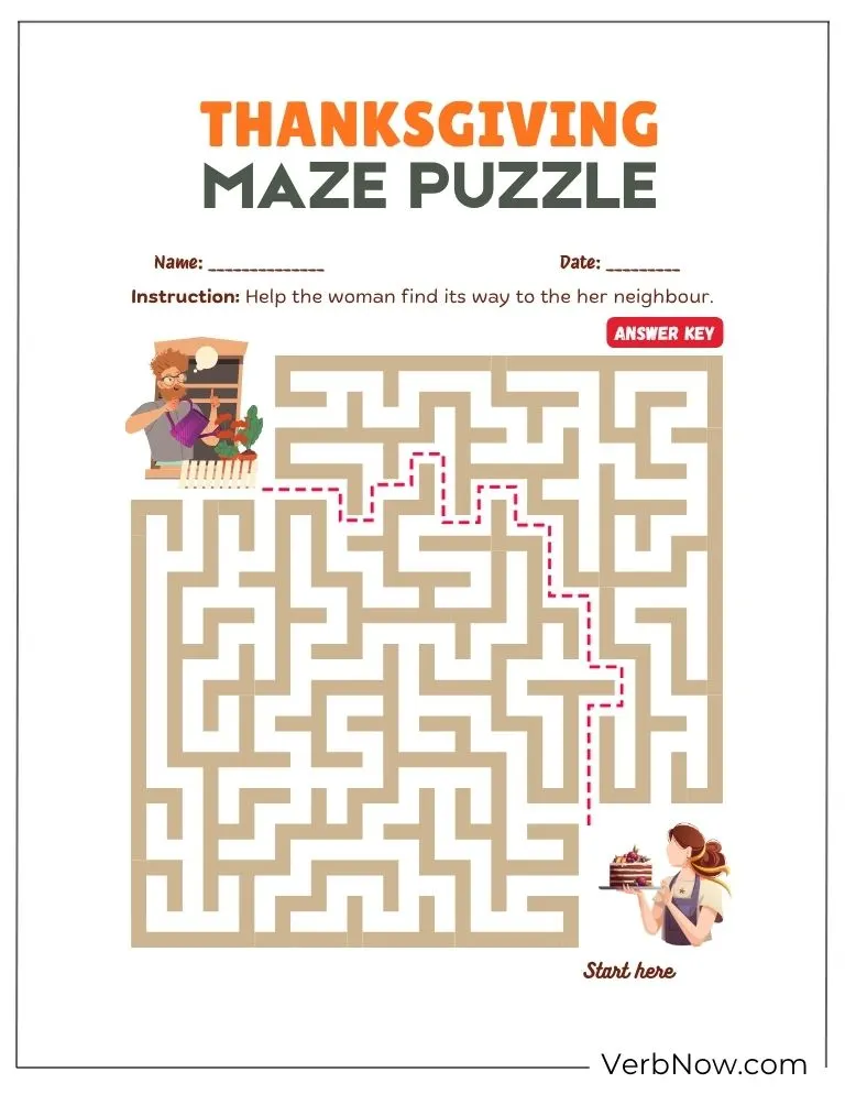 Free Thanksgiving Puzzles for Kids (100% Printable PDF) Maze game — guide the woman to her neighbor for Thanksgiving