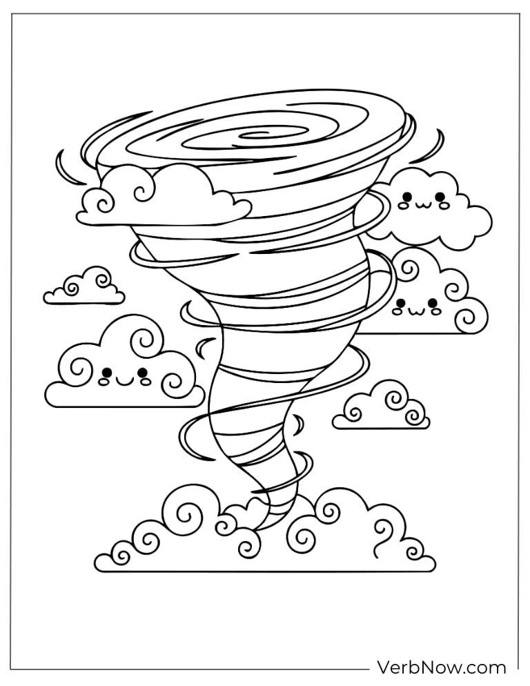 A cute tornado surrounded by fluffy clouds and wind swirls
