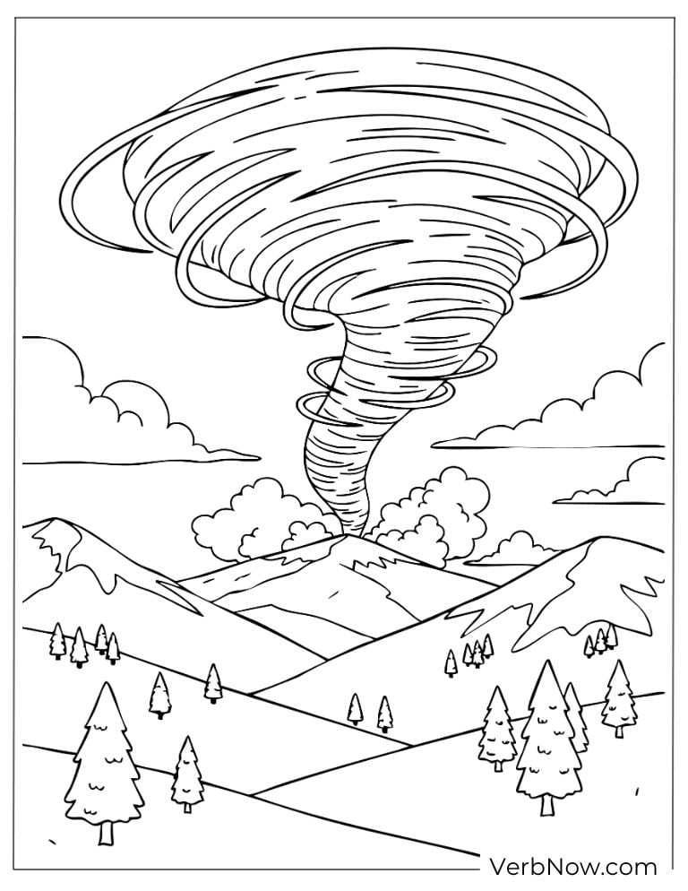 Strong tornado sweeping across hills and forests