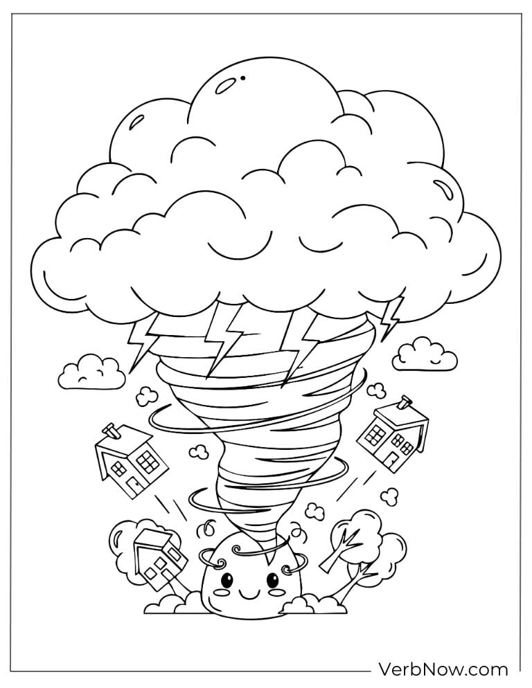 Stormy tornado cloud shooting lightning with flying houses