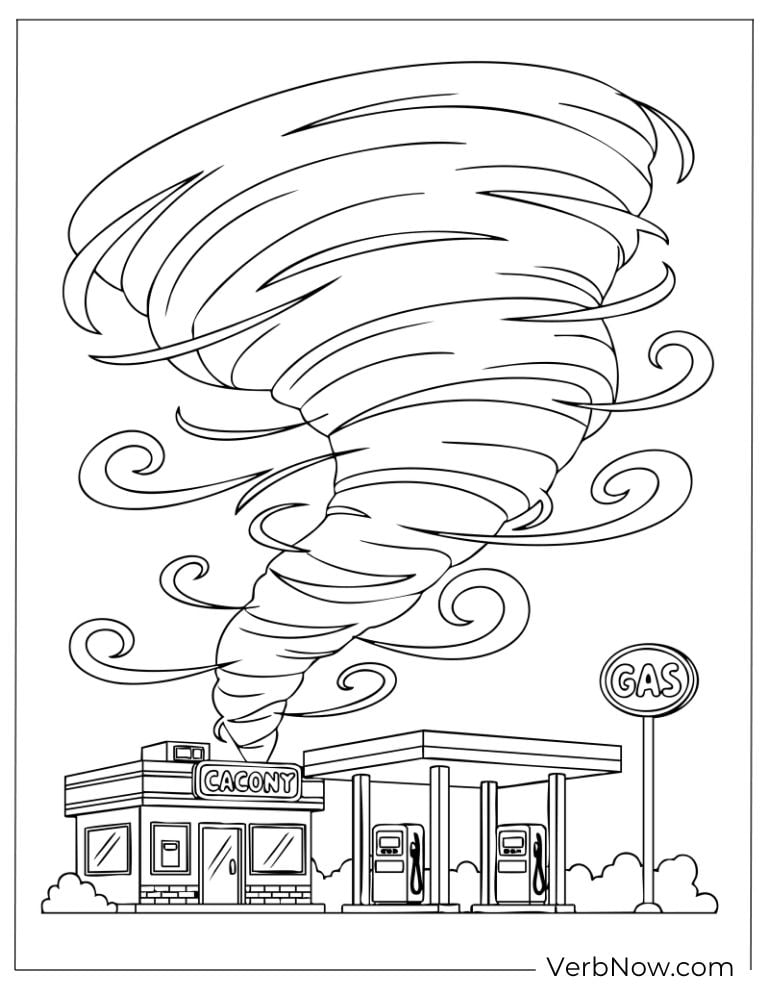 Tall twisting tornado whirling near a gas station