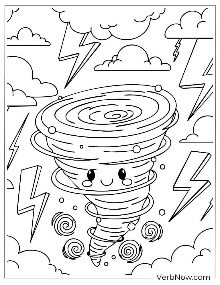 Cute tornado with a face surrounded by lightning bolts