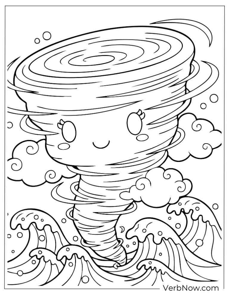 A happy-faced tornado whirling over ocean waves