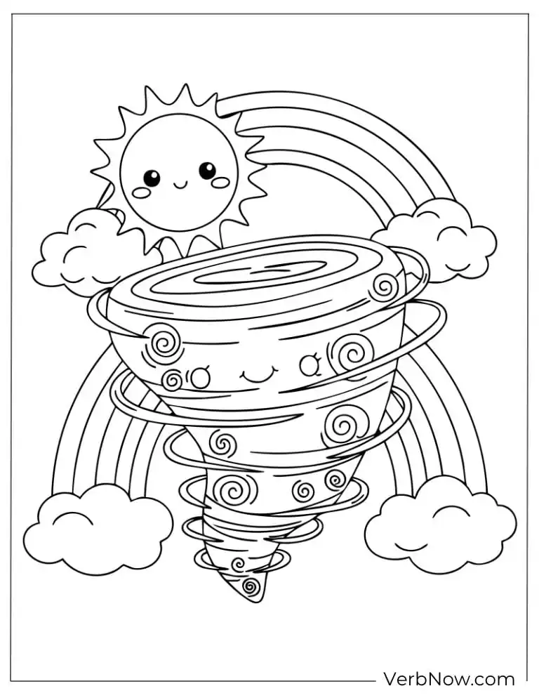 22 Free Tornado Coloring Pages for Stormy Day (100% PDF) Cheerful tornado under a rainbow and smiling sun