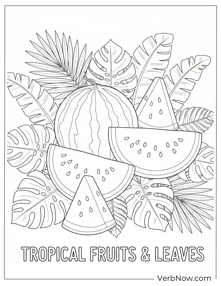Tropical fruits and leaves with juicy watermelon slices