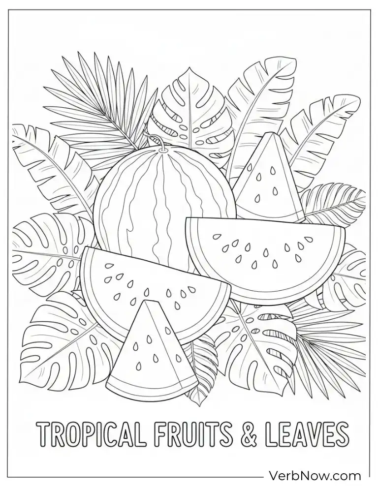 22 Free Watermelon Coloring Pages for Kids (Printable PDF) Tropical fruits and leaves with juicy watermelon slices