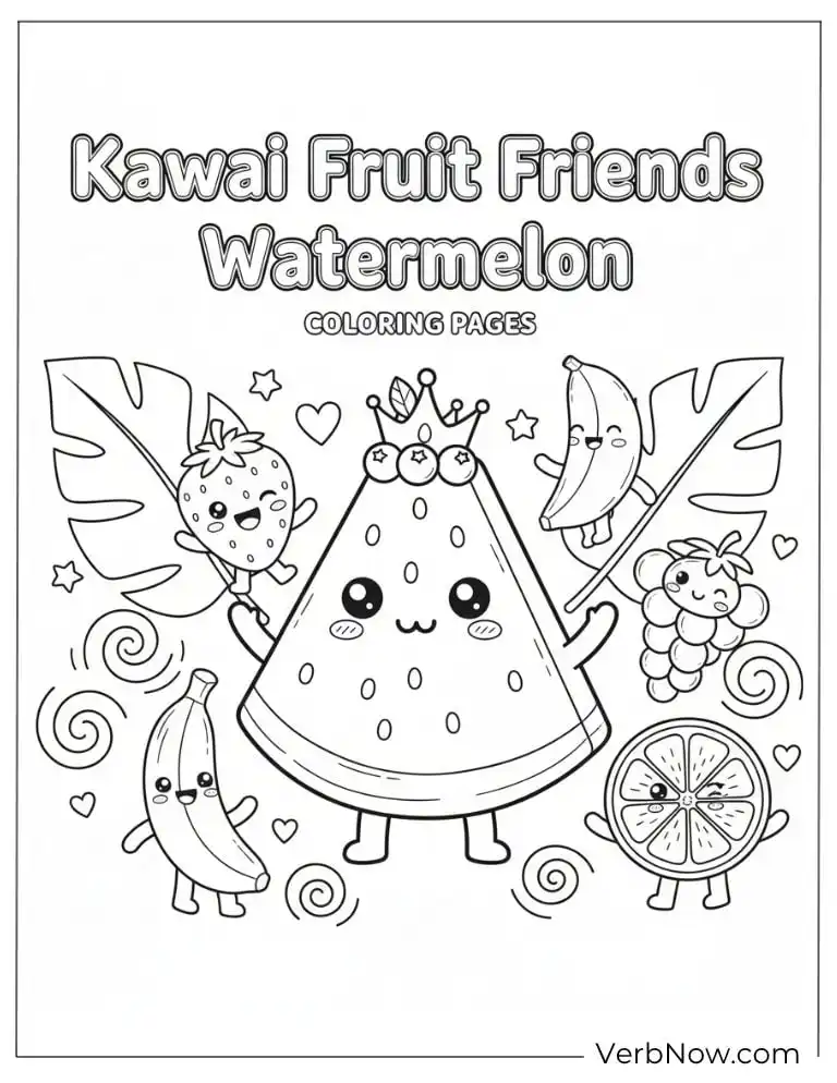22 Free Watermelon Coloring Pages for Kids (Printable PDF) Kawaii watermelon friends enjoying a sweet party