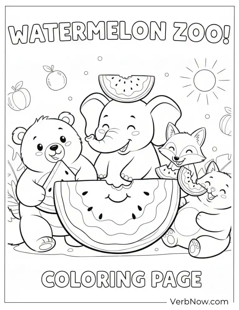 22 Free Watermelon Coloring Pages for Kids (Printable PDF) Adorable zoo animals sharing a big watermelon