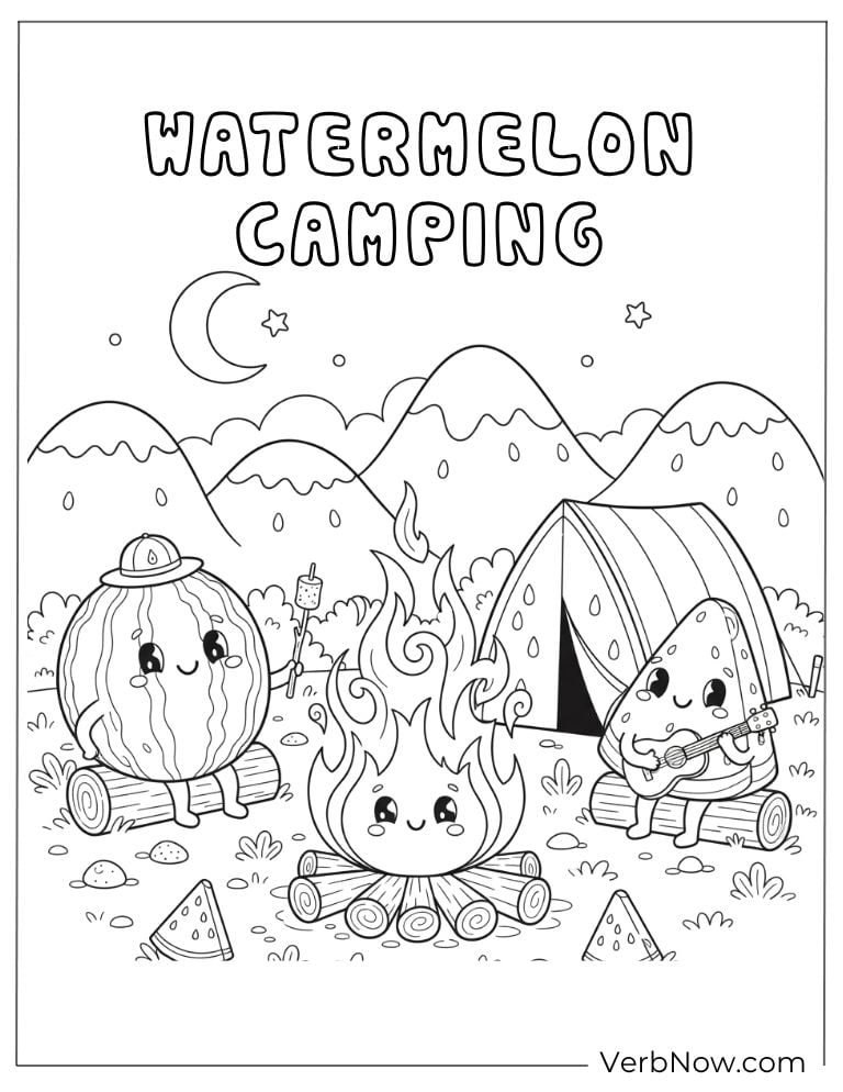 Cute watermelon characters camping under the stars