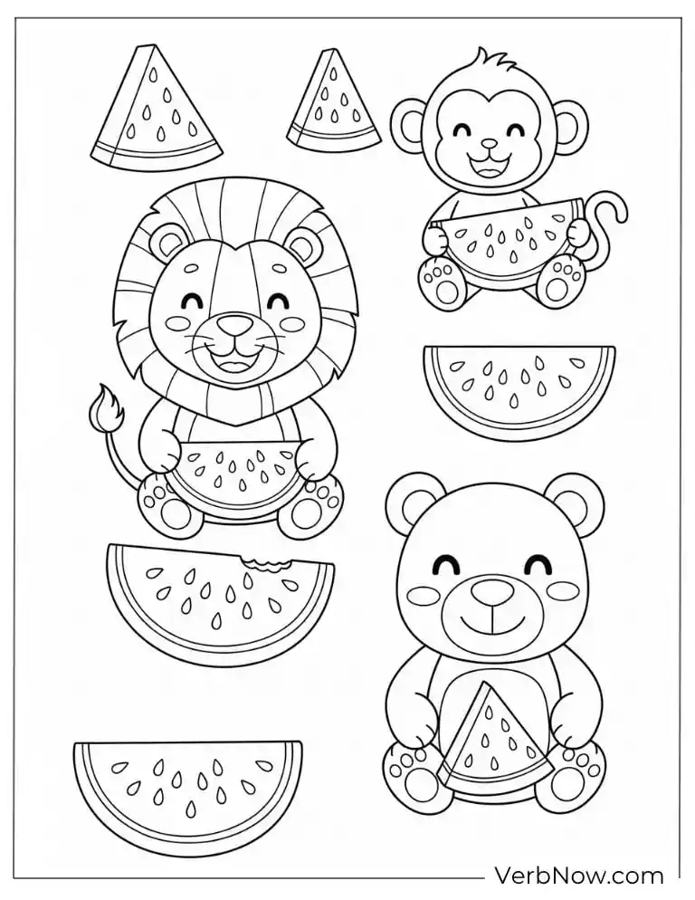 22 Free Watermelon Coloring Pages for Kids (Printable PDF) Happy lion, monkey, and bear enjoying watermelon slices