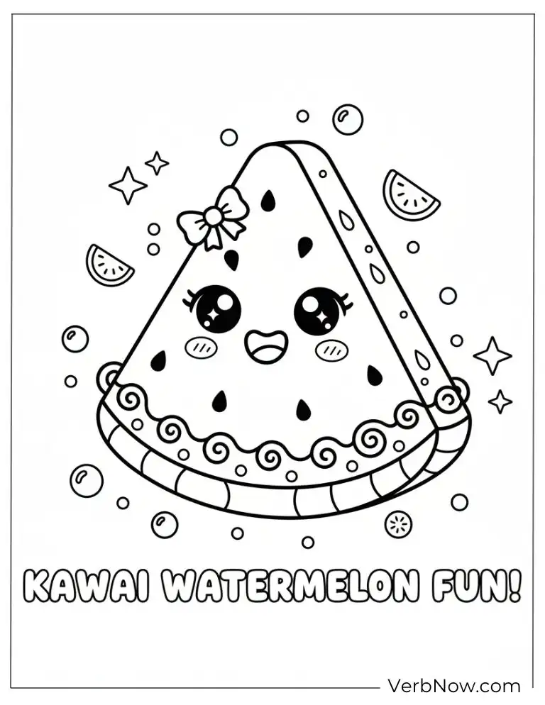 22 Free Watermelon Coloring Pages for Kids (Printable PDF) Adorable kawaii watermelon with sparkles and smiles