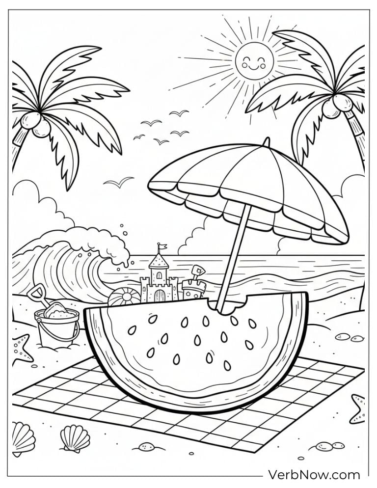 Beach scene with a giant watermelon under an umbrella