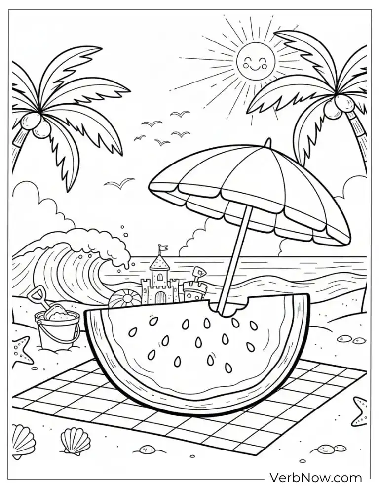 22 Free Watermelon Coloring Pages for Kids (Printable PDF) Beach scene with a giant watermelon under an umbrella