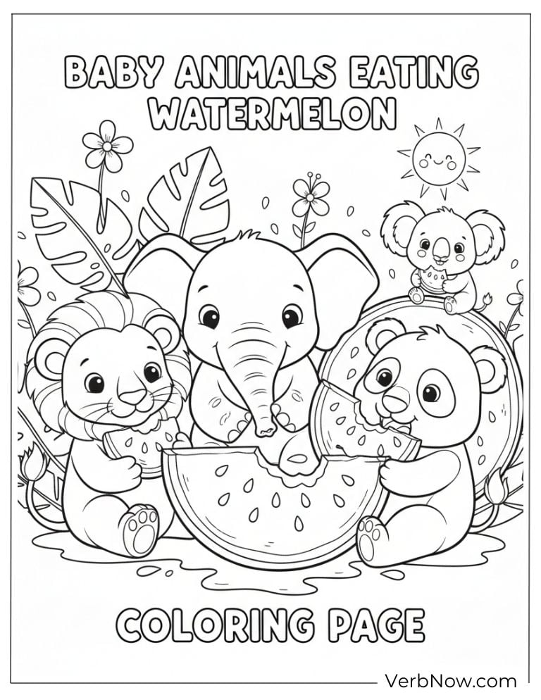 Baby animals happily eating watermelon together