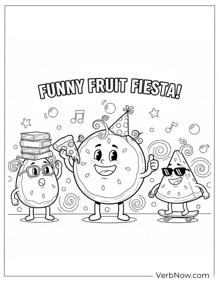 22 Free Watermelon Coloring Pages for Kids (Printable PDF) Funny fruit characters dancing at a fiesta