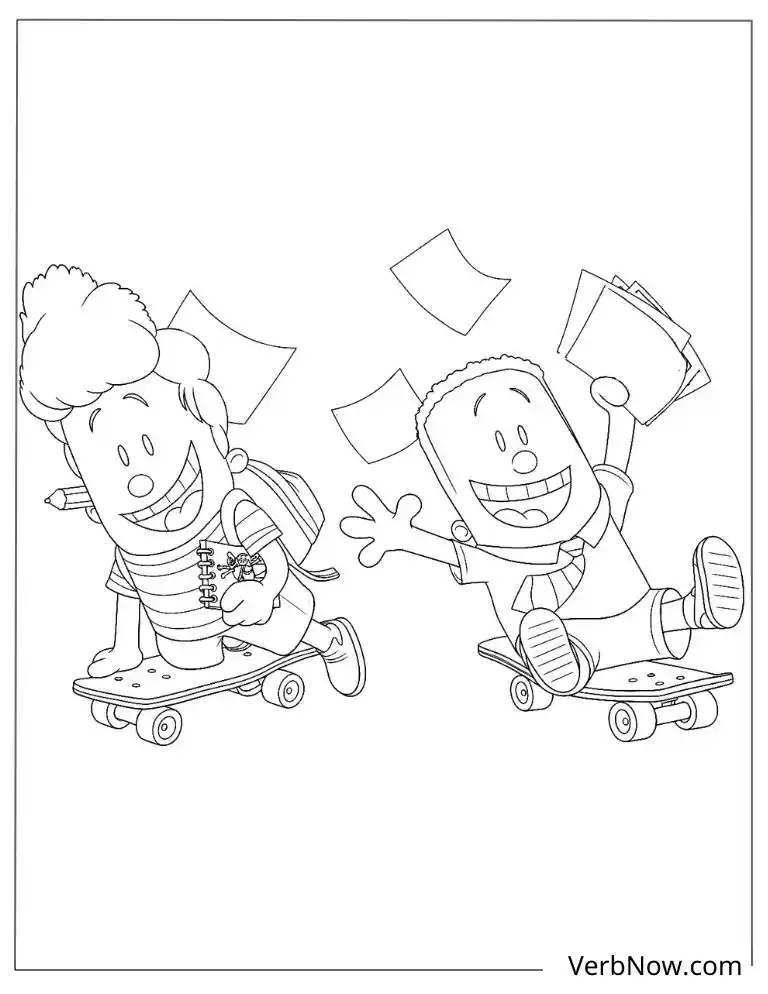 Funny Cartoon Boys Skateboarding Coloring Page