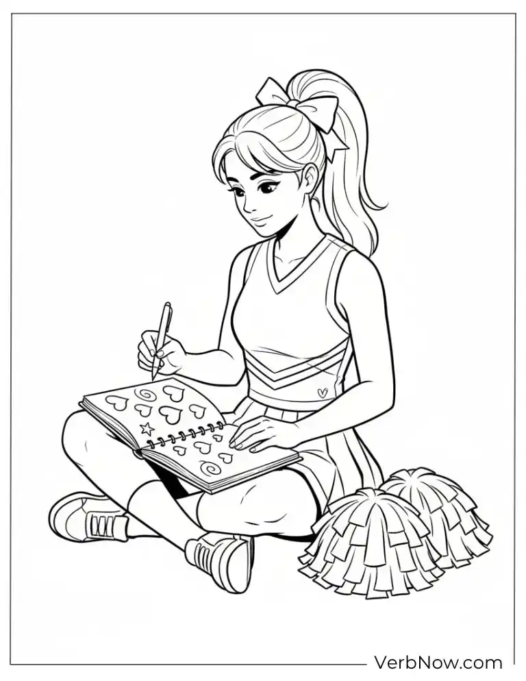 Cheerleader Writing in Notebook Coloring Page