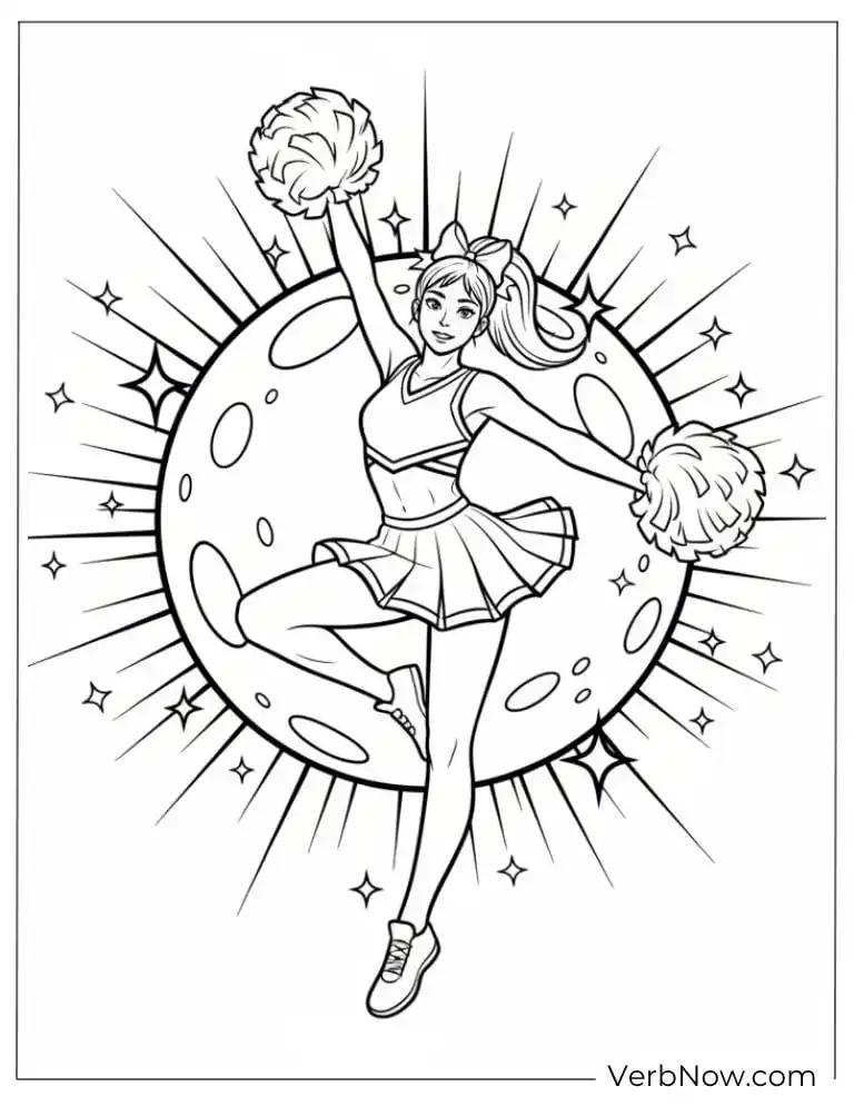 Cheerleader Coloring Page: Pom Poms and Starry Moon