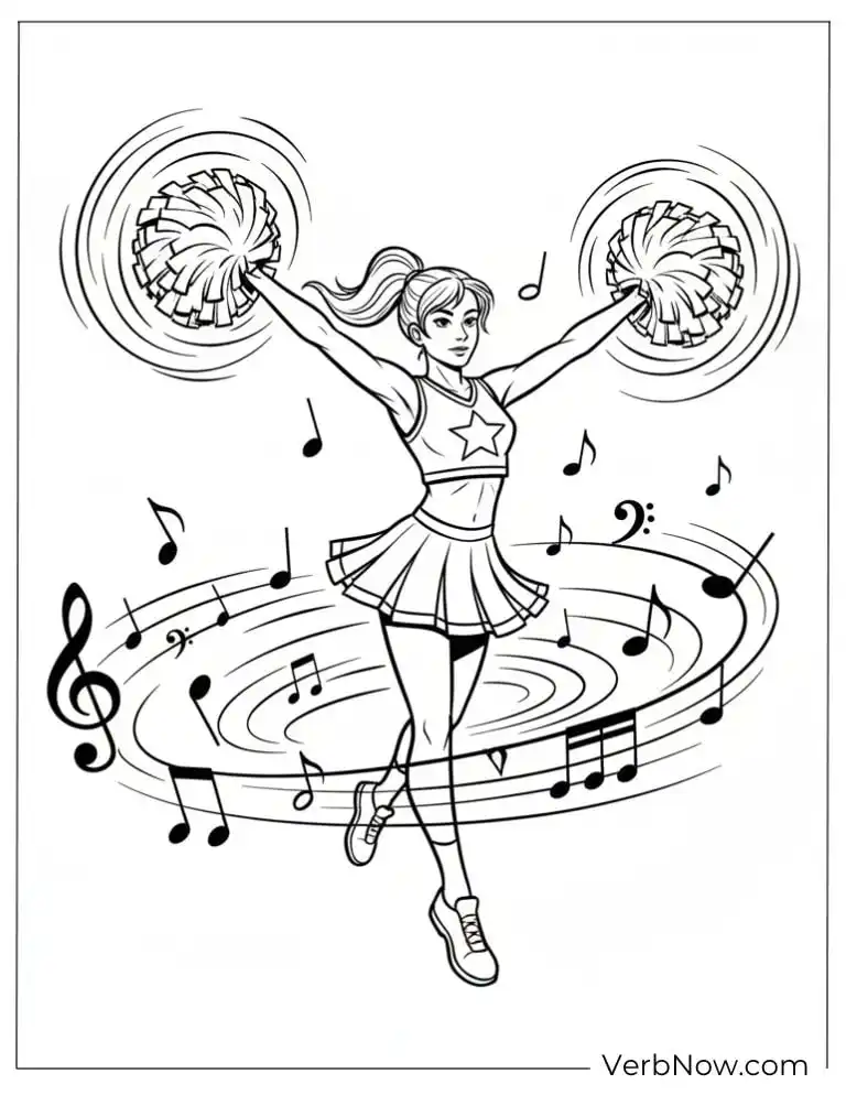 Cheerleader Coloring Page with Pom Poms and Music