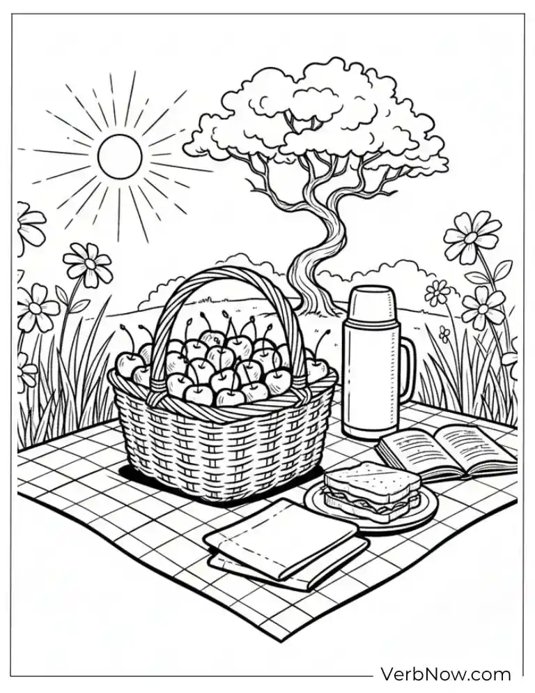 Cherry Picnic Basket Outline Coloring Page
