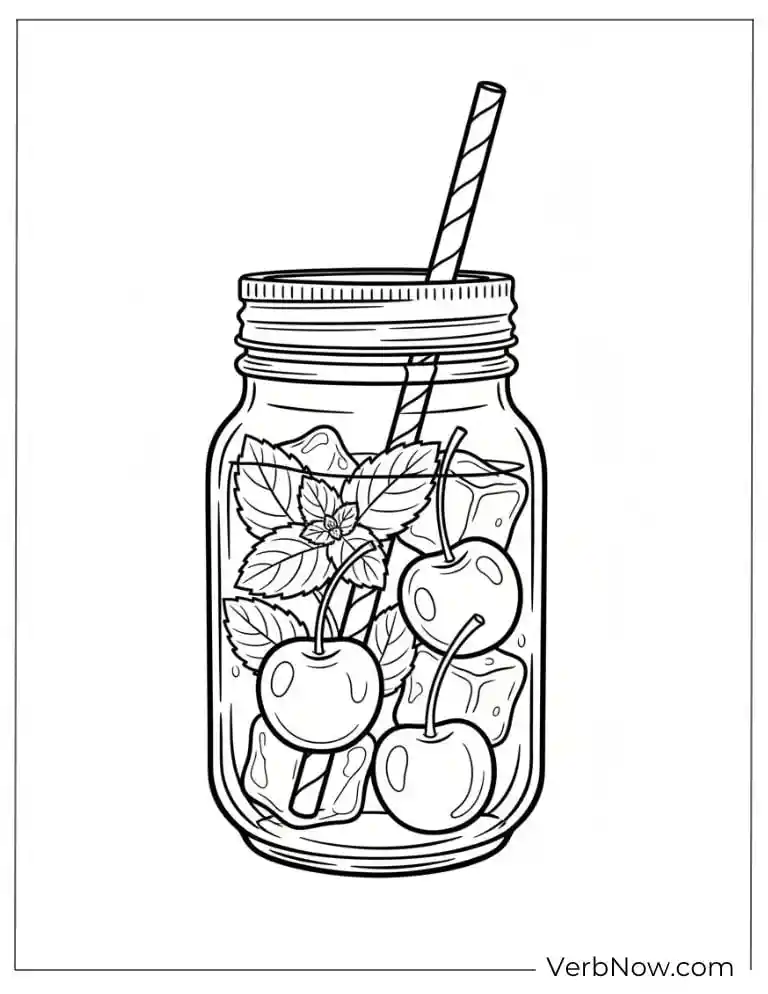 Mason Jar Drink Coloring Page with Cherries and Mint