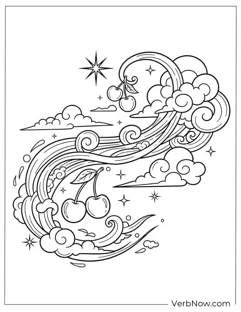 Decorative Cherries and Swirls Abstract Coloring Page