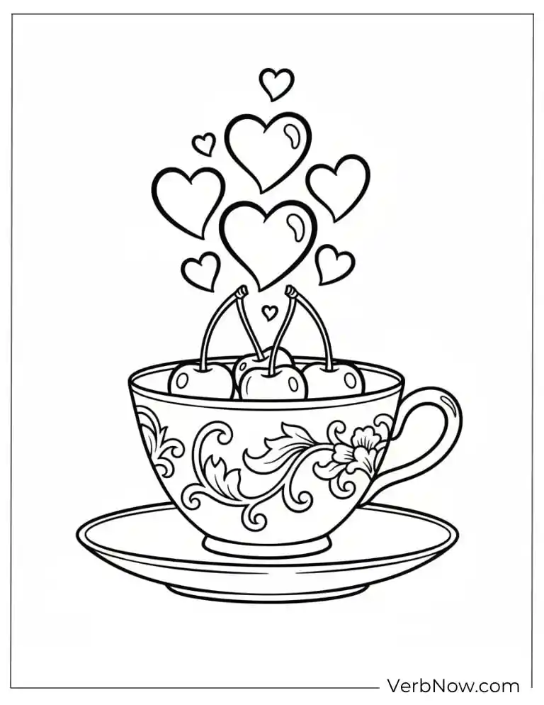 Cherries in Teacup with Hearts Coloring Page