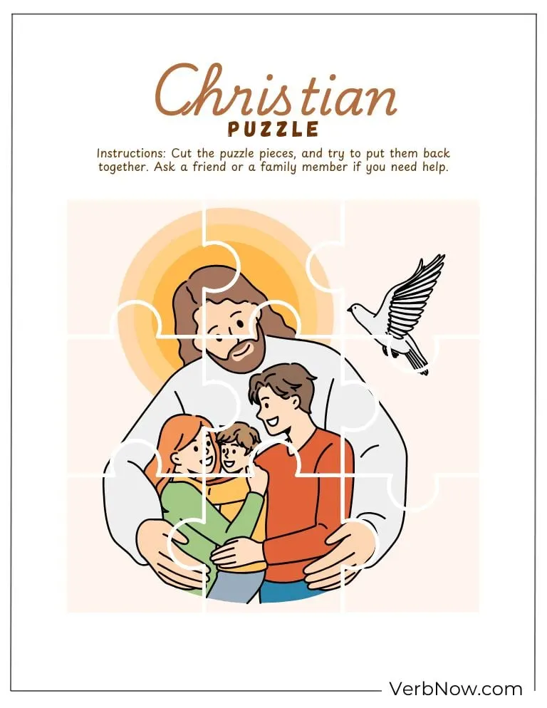 10+ Free Christian Puzzles For Kids (100% Printable PDF) Christian Puzzle: Jesus Hugging Family & Dove Printable