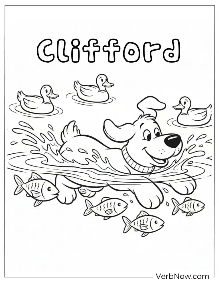 22 Fun Clifford Coloring Pages for Kids (Printable PDF) Clifford Swimming with Ducks and Fish Coloring Page
