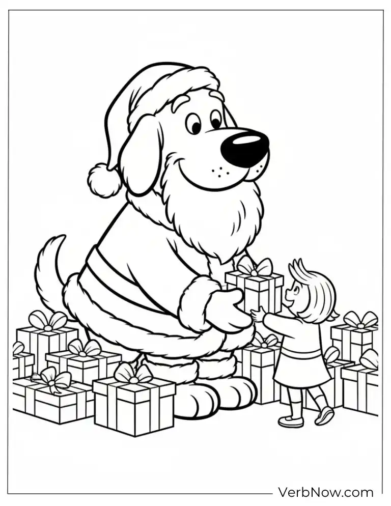 22 Fun Clifford Coloring Pages for Kids (Printable PDF) Santa Dog Giving Gift to Child Coloring Page
